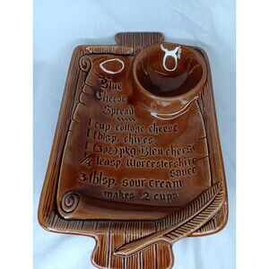 VTG California Pottery Chip And Dip Platter Blue Cheese Spread Brown Made In USA